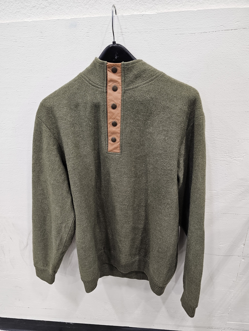 Orvis Olive Green V-Neck Sweater with Tan Snap Placket